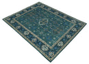 Wool Hand Knotted Area Rug - Traditional Heriz with Teal Blue Peach Silver Tones