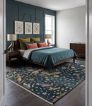 Hand Knotted Wool Area Rug - Blue and Green Peacock on Tree Tropical Lush Greenery