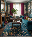 Hand Knotted Wool Area Rug - Blue and Green Peacock on Tree Tropical Lush Greenery