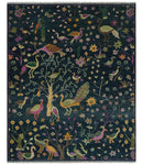Hand Knotted Wool Area Rug - Blue and Green Peacock on Tree Tropical Lush Greenery