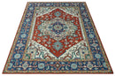 Traditional Heriz Medallion Wool Area Rug - Rust Ivory Blue