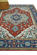 Traditional Heriz Medallion Wool Area Rug - Rust Ivory Blue