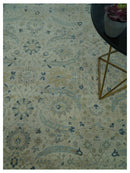 Custom Made Traditional Distressed Blue And Beige Hand Knotted wool area rug