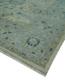 Custom Made Traditional Distressed Blue And Beige Hand Knotted wool area rug