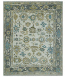Custom Made Traditional Ivory and Charcoal Hand knotted Oushak Wool Area Rug
