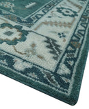 Hand Knotted Wool Area Rug with Traditional Mamluk Geometric Design Teal Ivory Brown