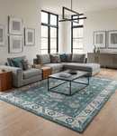 Hand Knotted Wool Area Rug with Traditional Mamluk Geometric Design Teal Ivory Brown