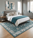 Hand Knotted Wool Area Rug with Traditional Mamluk Geometric Design Teal Ivory Brown