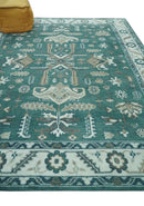 Hand Knotted Wool Area Rug with Traditional Mamluk Geometric Design Teal Ivory Brown