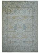 Custom Made Traditional Oushak Beige And Blue Hand Knotted Wool Rug