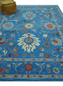Custom Made Traditional Oushak Blue And Beige Hand Tufted Wool Rug