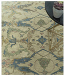 Custom Made Traditional Oushak Design Beige And Blue Hand Tufted Wool Area Rug