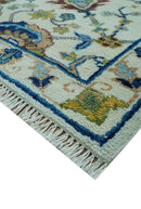 Custom Made Traditional Oushak Design Ivory And Blue Hand Knotted Wool Area Rug
