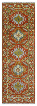 Custom Made Traditional Rust And Green Hand Knotted Runner Wool Rug by The Rug Decor