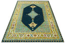 Custom Made Traditional Serapi Design Blue And Mustard Hand Knotted Wool Rug
