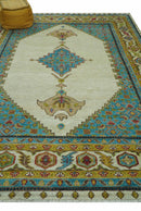 Custom Made Traditional Serapi Design Ivory And Blue Hand Knotted Wool Rug