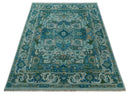 Custom Made Transitional Aqua and Ivory Hand Knotted Antique Style Traditional Wool Rug
