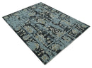 Light Blue Ivory Beige Charcoal Hand-Knotted Wool Area Rug Transitional Modern