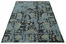 Light Blue Ivory Beige Charcoal Hand-Knotted Wool Area Rug Transitional Modern