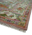 Hand Knotted Wool Area Rug Transitional Turkish Pink Green Ivory