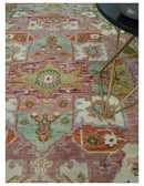Hand Knotted Wool Area Rug Transitional Turkish Pink Green Ivory