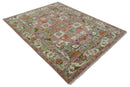 Hand Knotted Wool Area Rug Transitional Turkish Pink Green Ivory