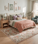 Hand Knotted Wool Area Rug Transitional Turkish Pink Green Ivory