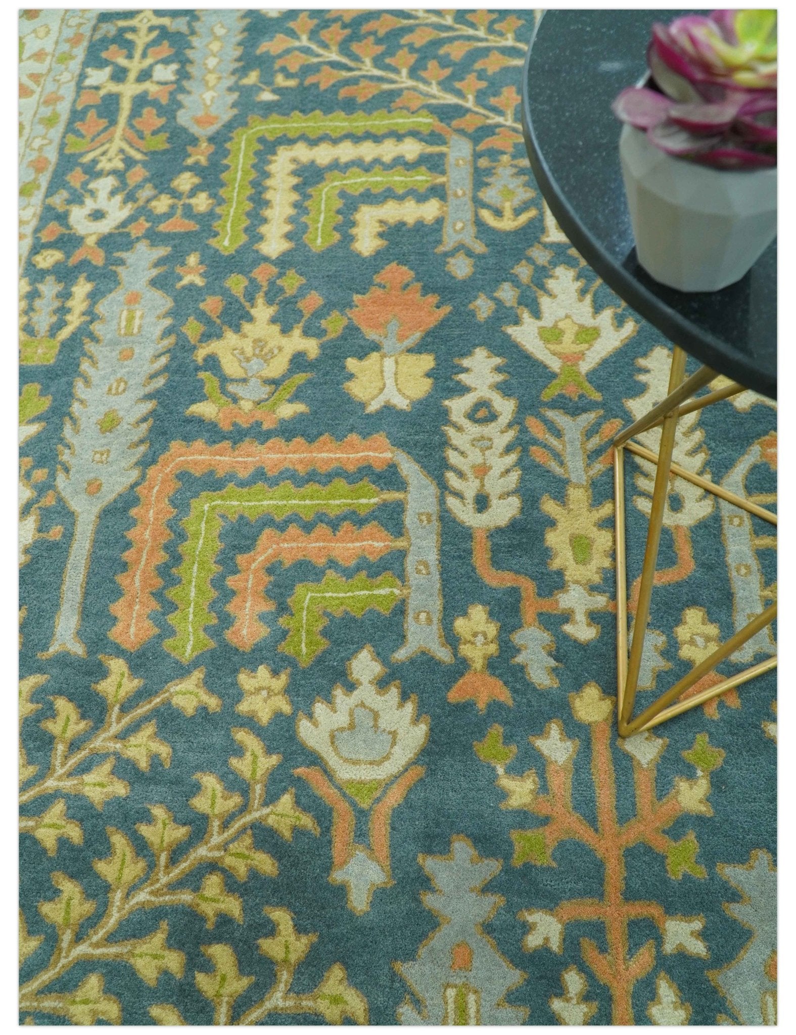 Custom Made Tree of Life Beige And Teal Floral Design Hand Tufted Wool