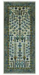 Wool Oushak Area Rug Hand Knotted Tree of Life Antique Ivory Blue Gray Pattern by The Rug Decor