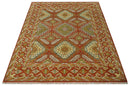 Custom Made Tribal Motifs Hand Knotted Rust, Gold and Blue Oriental Traditional Wool Area Rug