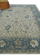 Beige and Blue Pure Wool Hand Tufted Traditional Oushak Area Rug