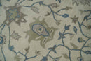 Beige and Blue Pure Wool Hand Tufted Traditional Oushak Area Rug