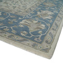 Beige and Blue Pure Wool Hand Tufted Traditional Oushak Area Rug
