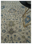 Beige and Blue Pure Wool Hand Tufted Traditional Oushak Area Rug