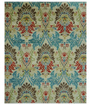 Custom Made Vintage Floral Ikat Design Beige And Blue Hand Knotted Wool Rug