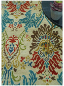 Custom Made Vintage Floral Ikat Design Beige And Blue Hand Knotted Wool Rug