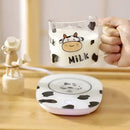 Cute cartoon cow pattern glass mug with spoon lid dining room by Decorbites