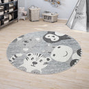 Round Kids Rug Lilo Cute Zoo Animals - Grey