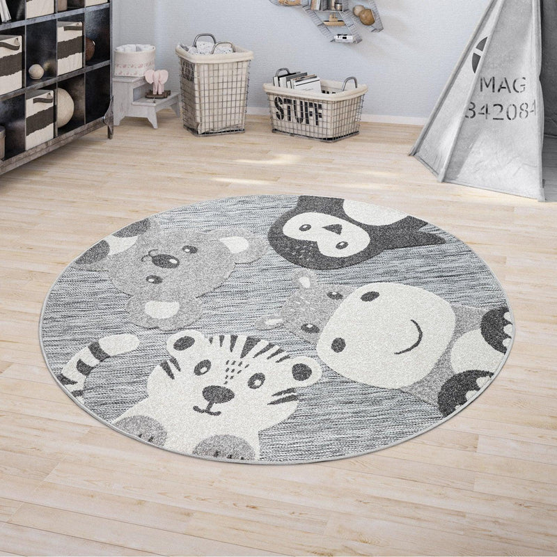 Round Kids Rug Lilo Cute Zoo Animals - Grey