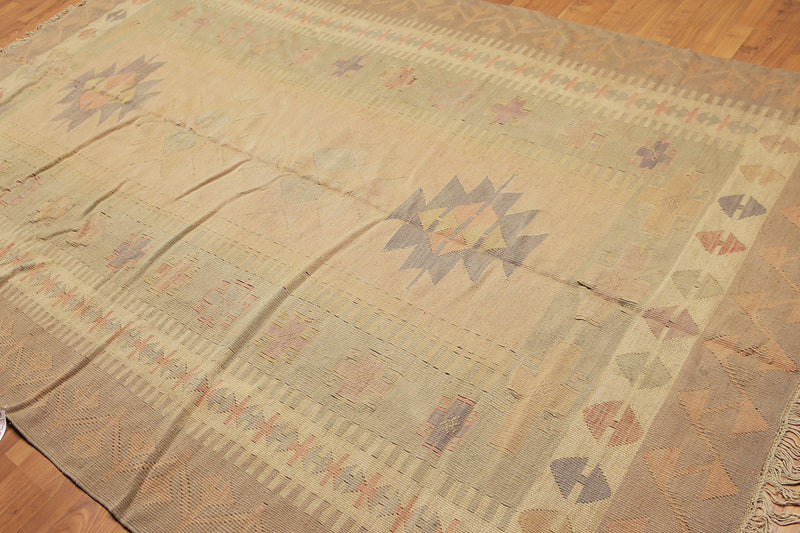 6'4" x 10'3" Tan Hand woven Tribal Turkish Kilim Wool Vegetable Dyes Traditional Oriental Area rug