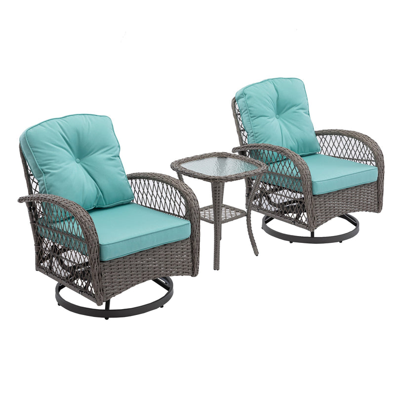 3 Pieces Outdoor Swivel Rocker Patio Chairs, 360 Degree Rocking Patio Conversation Set with Thickened Cushions and Glass Coffee Table for Backyard, Blue
