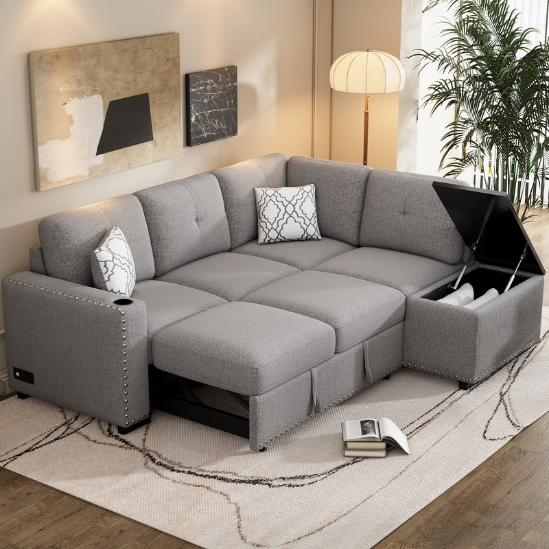 83.8" Reversible Sectional Pull-Out Sofa Bed L-Shaped Corner Sofa Couch with Storage Chaise, USB Ports, Power Sockets, Cup Holder for Living Room, Bedroom, Study,Light Gray