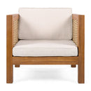Outdoor Club Chair With Rope Arm And Cushions - Beige / Teak