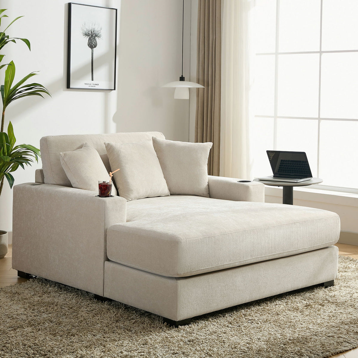 Oversized Chaise Lounger Modern Style Sofa Couch With Pillows, Charge Station & Cup Holders, photo 18 of 23
