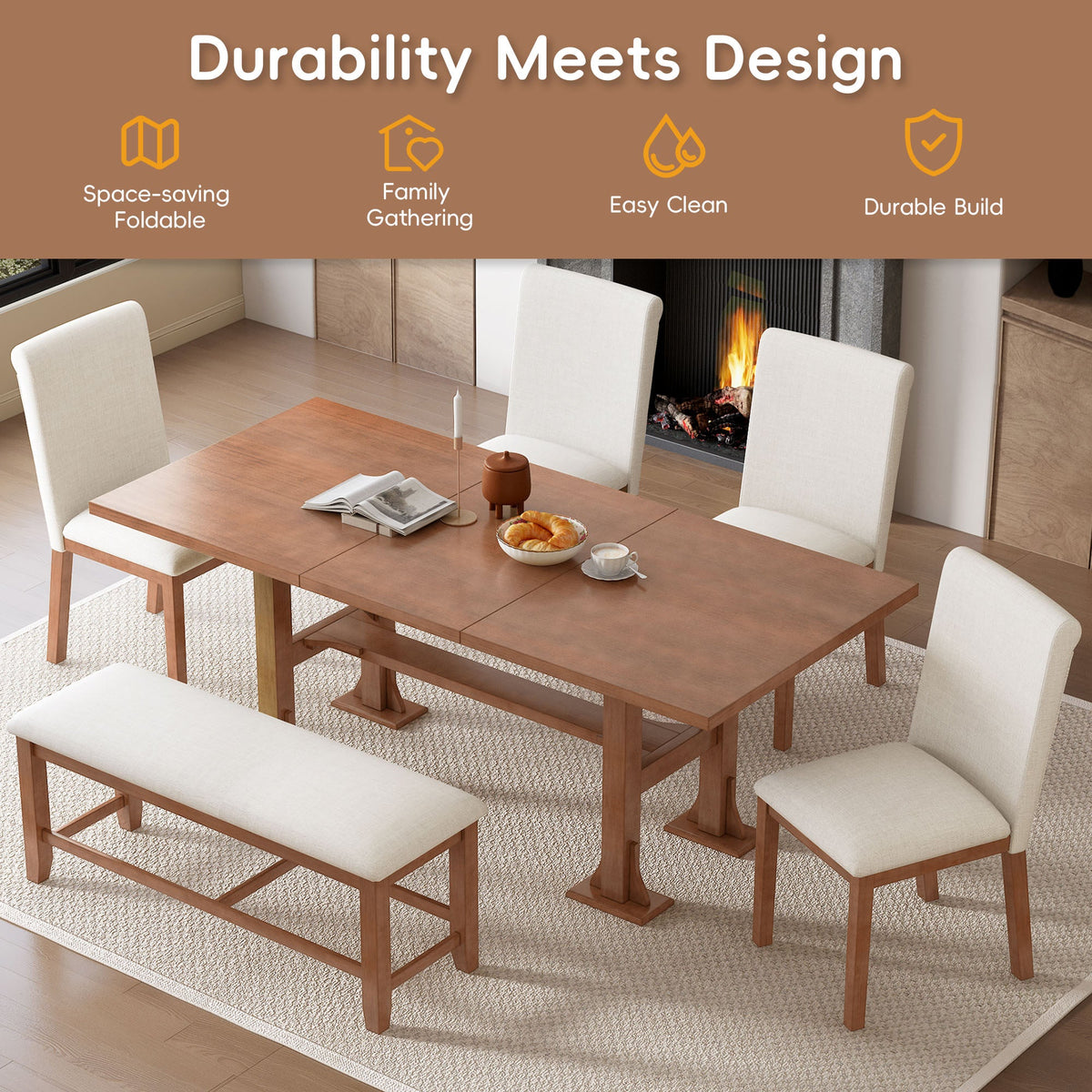 TOPMAX Farmhouse 76inch 6-Piece Extendable Dining Table Set, photo 8 of 10