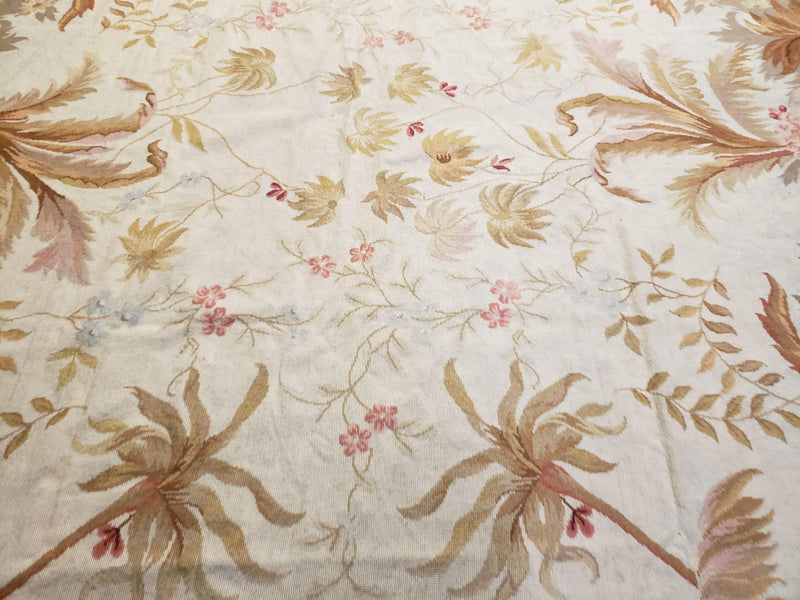 7' 7" x 9' 8" Needlepoint Rug Floral Beige Flat Weave Carpet 8x10 Handmade New Area Rug