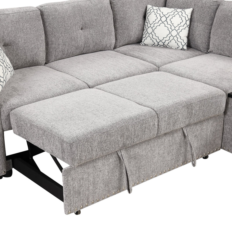 83.8" Reversible Sectional Pull-Out Sofa Bed L-Shaped Corner Sofa Couch with Storage Chaise, USB Ports, Power Sockets, Cup Holder for Living Room, Bedroom, Study,Light Gray