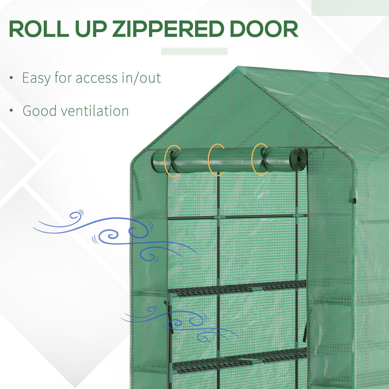 7' x 5' x 6.5' Walk-in Greenhouse, PE Cover, 3-Tier Shelves, Steel Frame Hot house, Roll-Up Zipper Door for Flowers, Vegetables, Saplings, Tropical Plants, Green