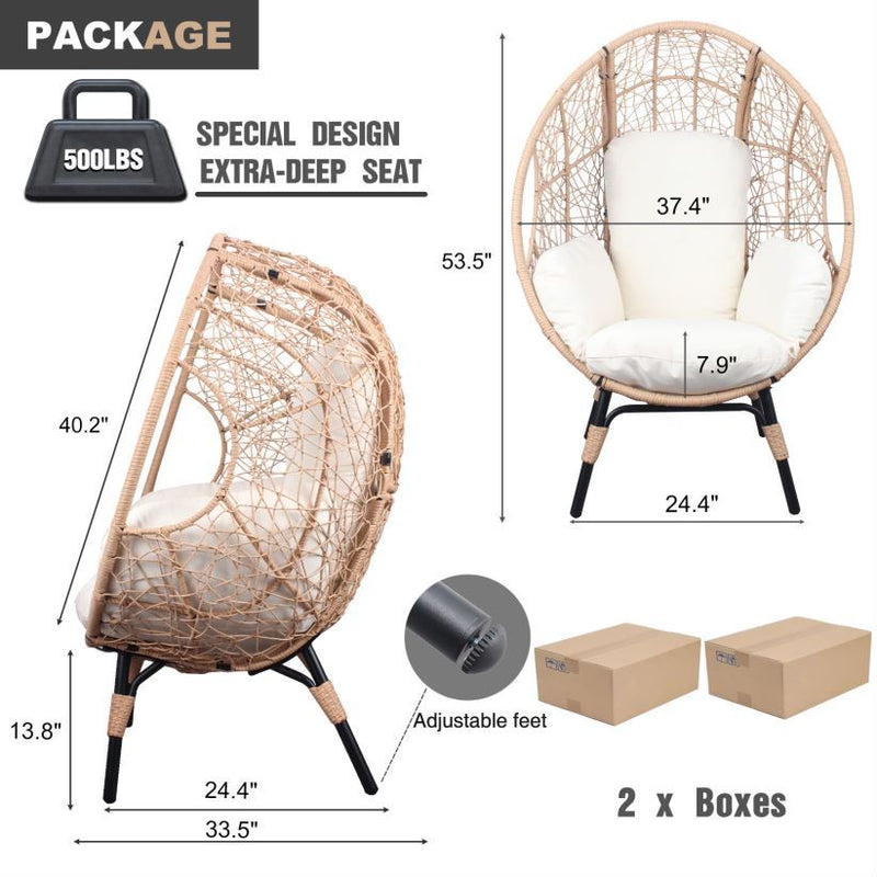 2 Pieces Patio PE Wicker Egg Chairs Model 3 with Natural Color Rattan Beige Cushion