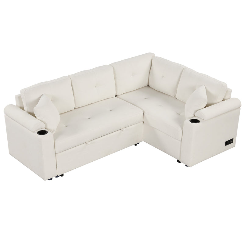 87.4" L-shape Sofa Bed Pull-out Sleeper Sofa with Wheels, USB Ports, Power Sockets for Living Room, Beige